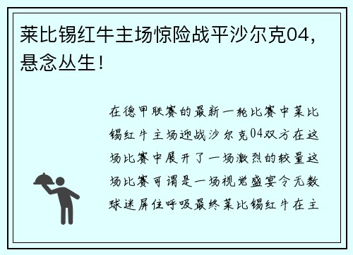 莱比锡红牛主场惊险战平沙尔克04，悬念丛生！